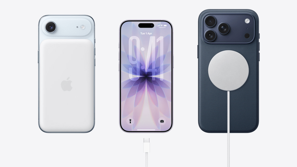 Gambar iPhone Air yang sangat tipis (5.6mm) menonjolkan profilnya yang ramping, dengan latar belakang modern minimalis.