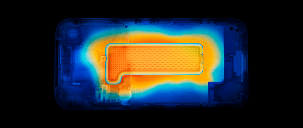 Diagram ilustrasi bagian dalam iPhone 17 Pro yang menunjukkan chip A19 Pro dan sistem pendingin vapor chamber dengan panah indikator aliran panas.