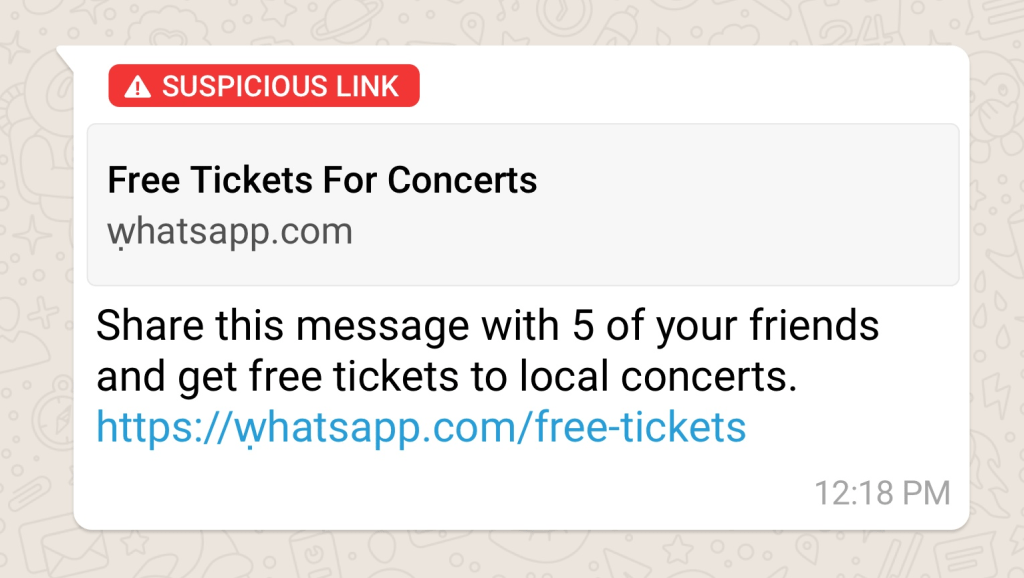 ilustrasi whatsapp chat menampilkan link mencurigakan dengan huruf w pada whatsapp yang bukan karakter umum
