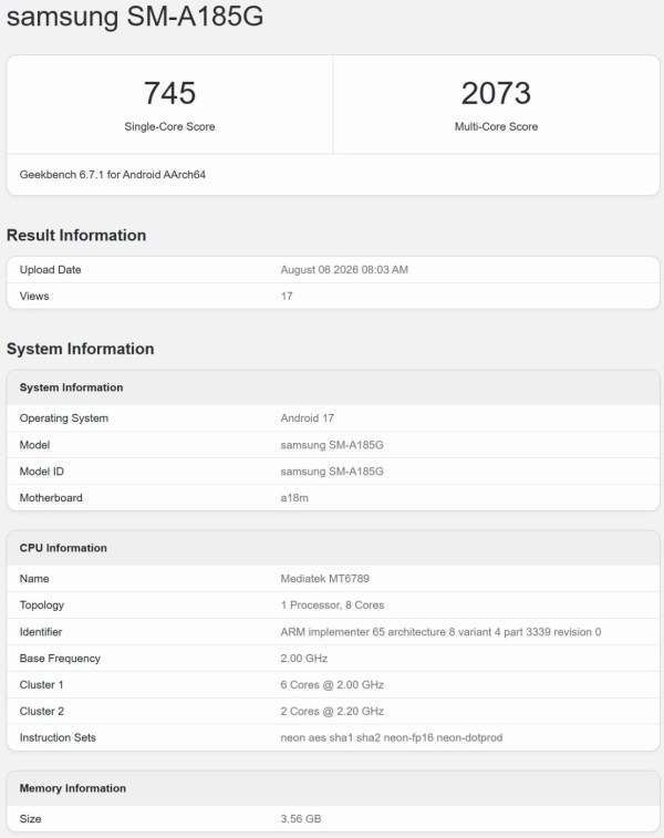 Bocoran Samsung Galaxy A18 Muncul di Geekbench, Pakai Chip Helio G99?